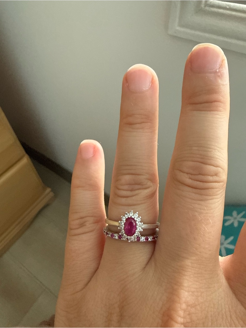 Sterling Silver Ruby Halo Stackable Ring Set - Pink Stone
